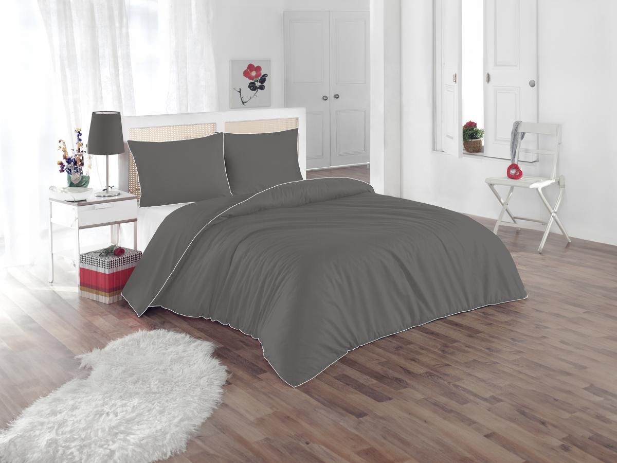 Vente-unique Parure de lit percale de coton  80 fils/cm² - Housse de couette 240 x 260 cm + 2 taies d'oreiller 63 x 63 cm - Gris passepoil blanc - AGAMI de PALACIO  