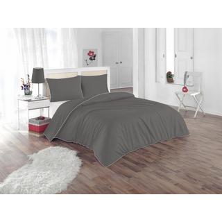 Vente-unique Parure de lit percale de coton  80 fils/cm² - Housse de couette 240 x 260 cm + 2 taies d'oreiller 63 x 63 cm - Gris passepoil blanc - AGAMI de PALACIO  