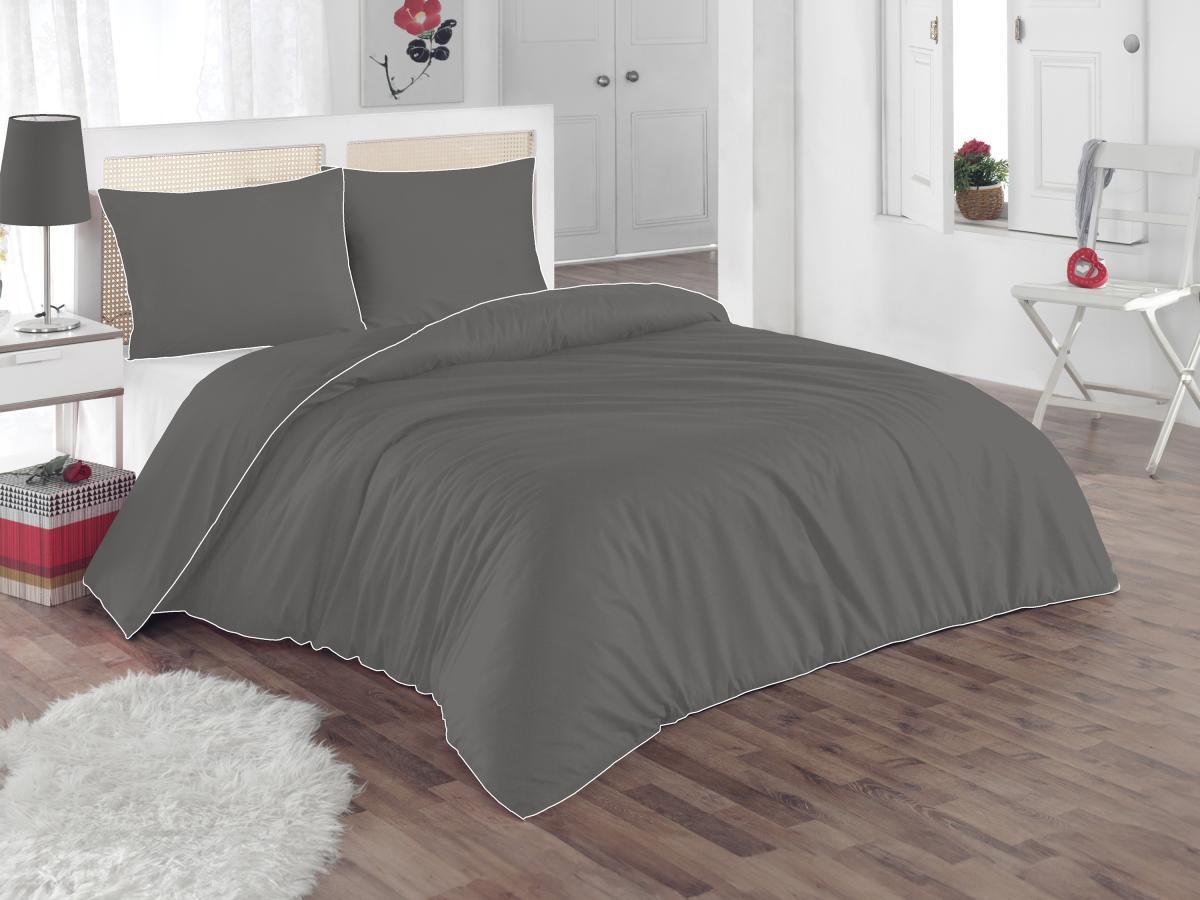 Vente-unique Parure de lit percale de coton  80 fils/cm² - Housse de couette 240 x 260 cm + 2 taies d'oreiller 63 x 63 cm - Gris passepoil blanc - AGAMI de PALACIO  