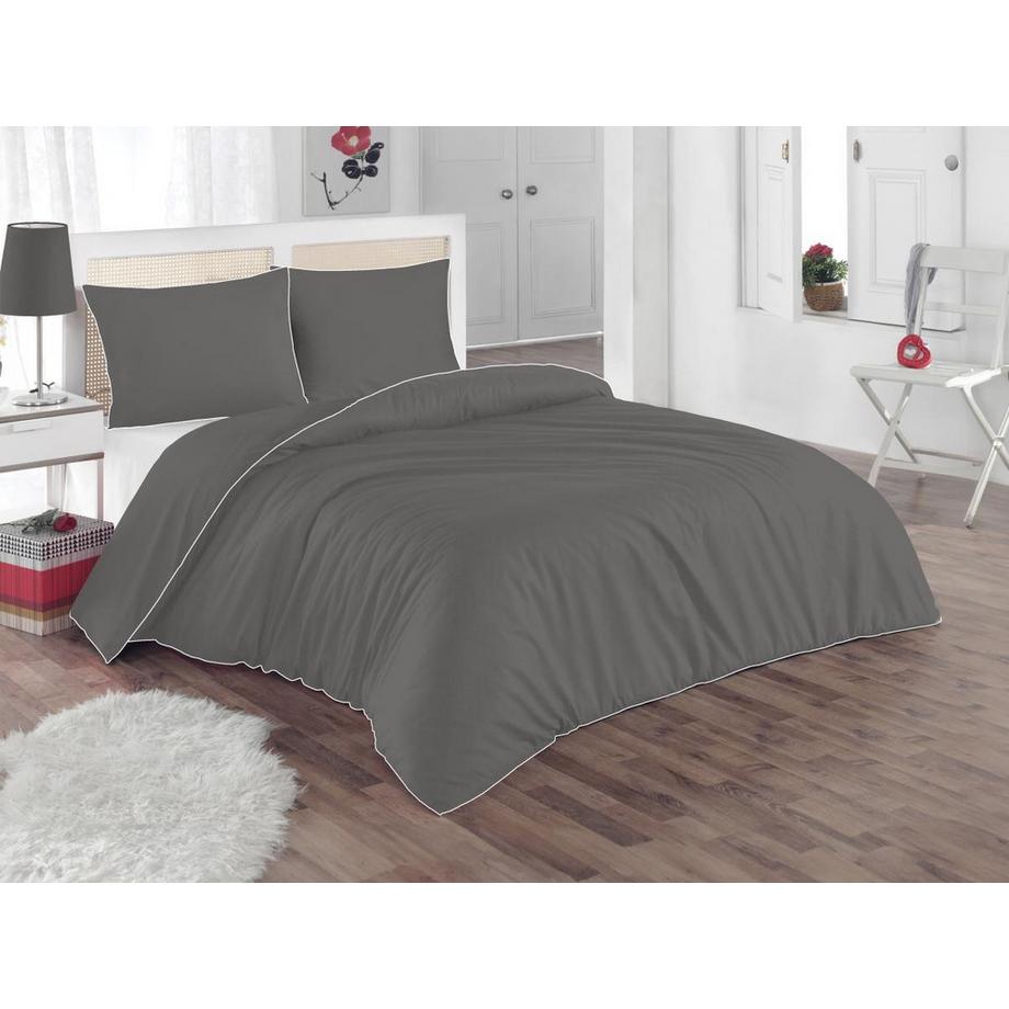 Parure de lit percale de coton  80 fils/cm² - Housse de couette 240 x 260 cm + 2 taies d'oreiller 63 x 63 cm - Gris passepoil blanc - AGAMI de PALACIO