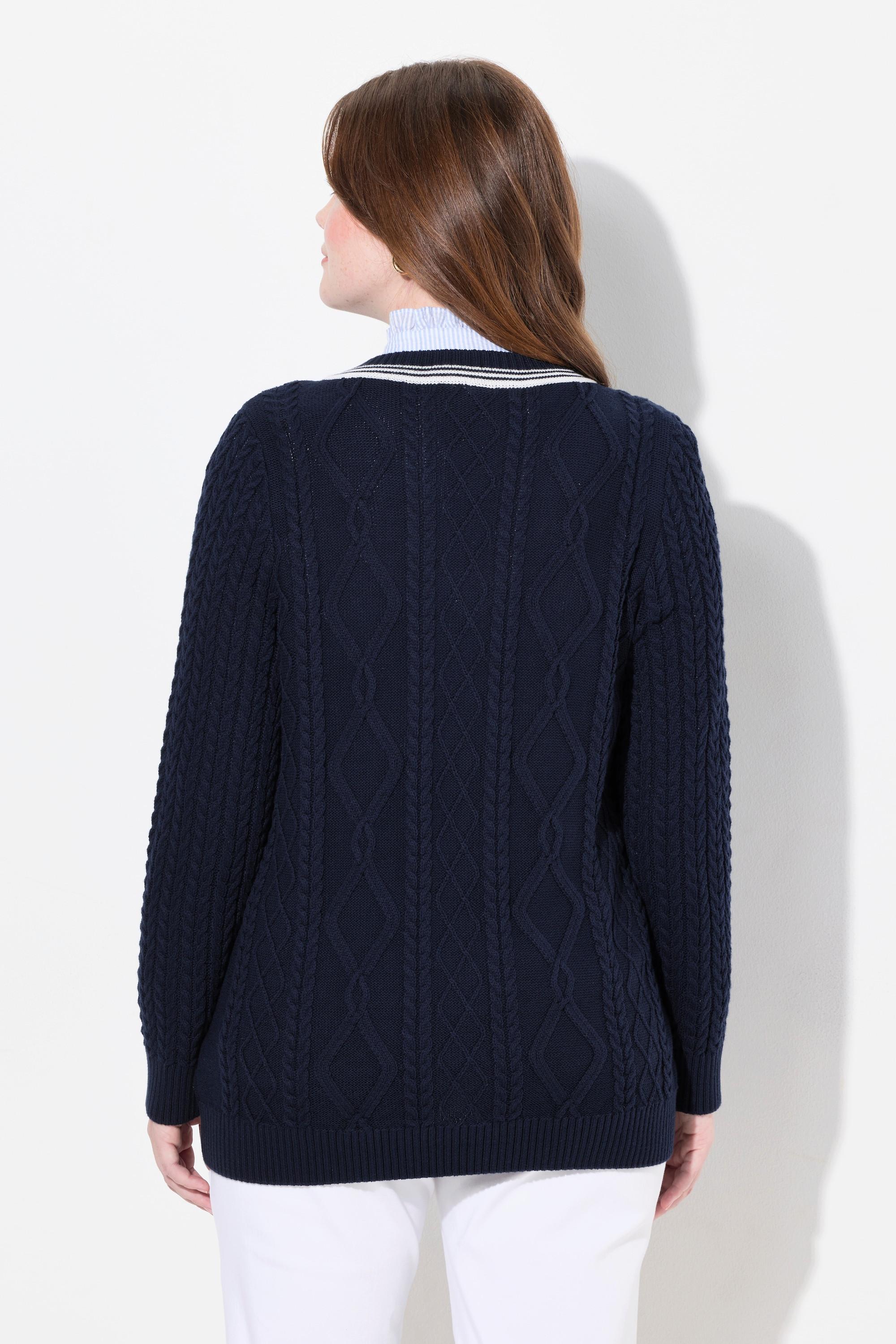 Ulla Popken Pullover Zopfmuster V-Ausschnitt Langarm  