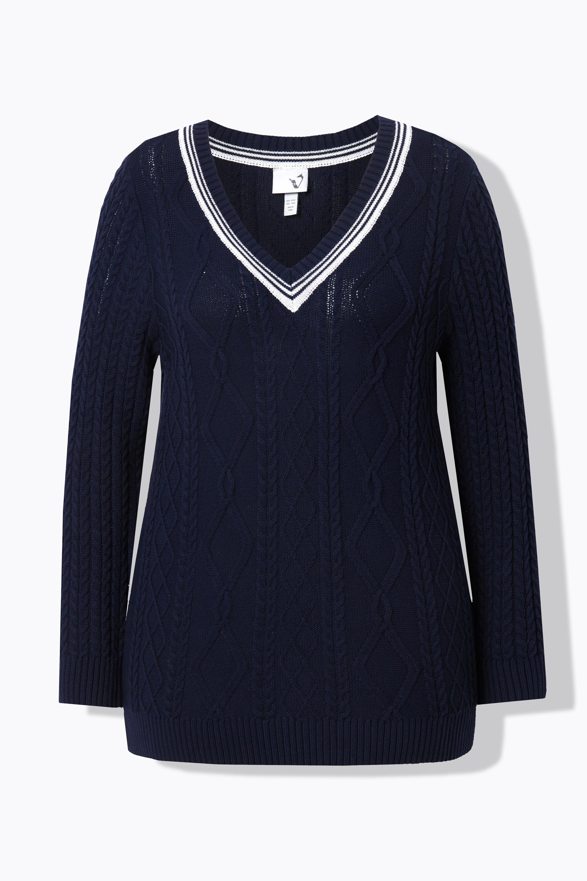 Ulla Popken Pullover Zopfmuster V-Ausschnitt Langarm  