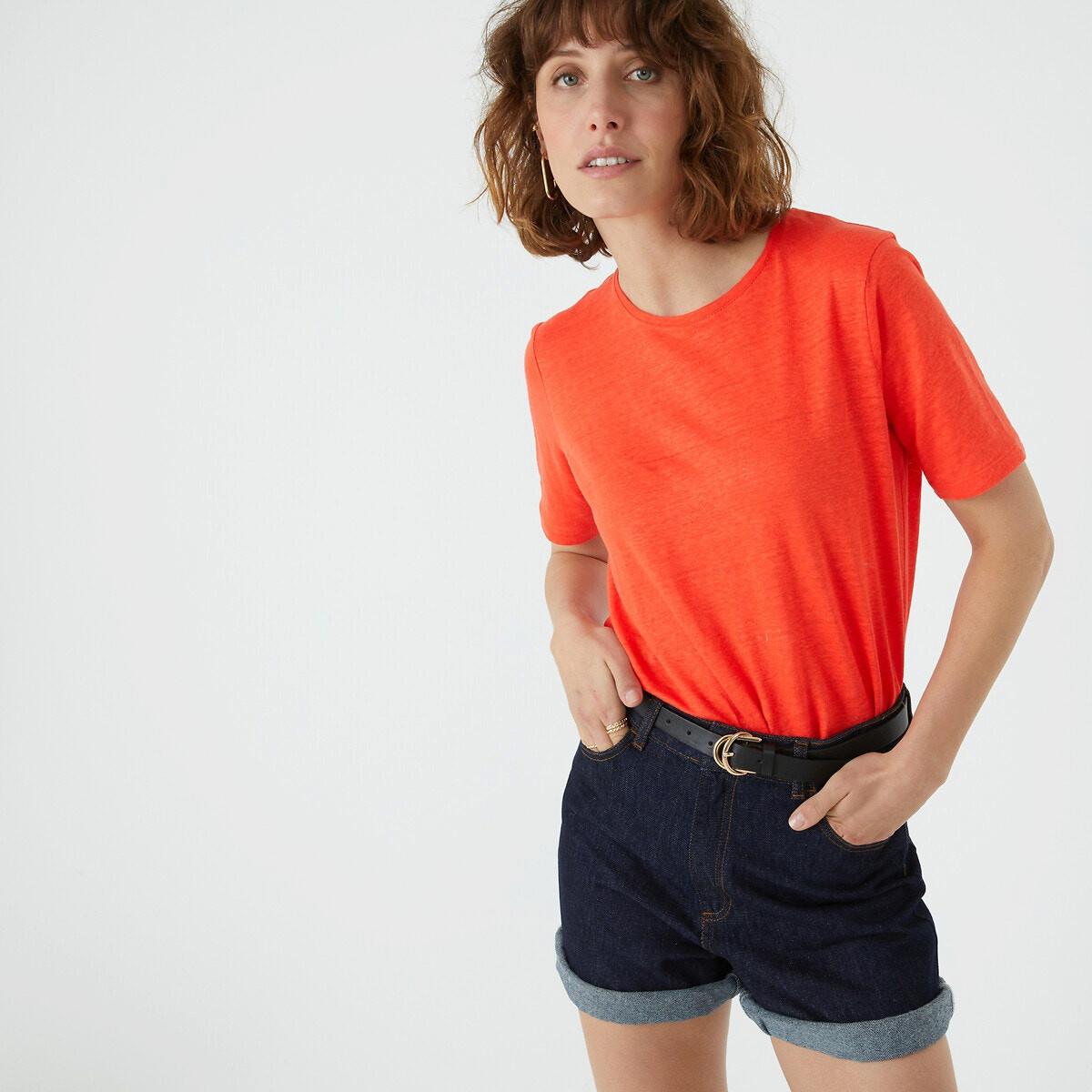 Image of T-shirt Aus Leinen Mit Rundem Ausschnitt Damen Orange S