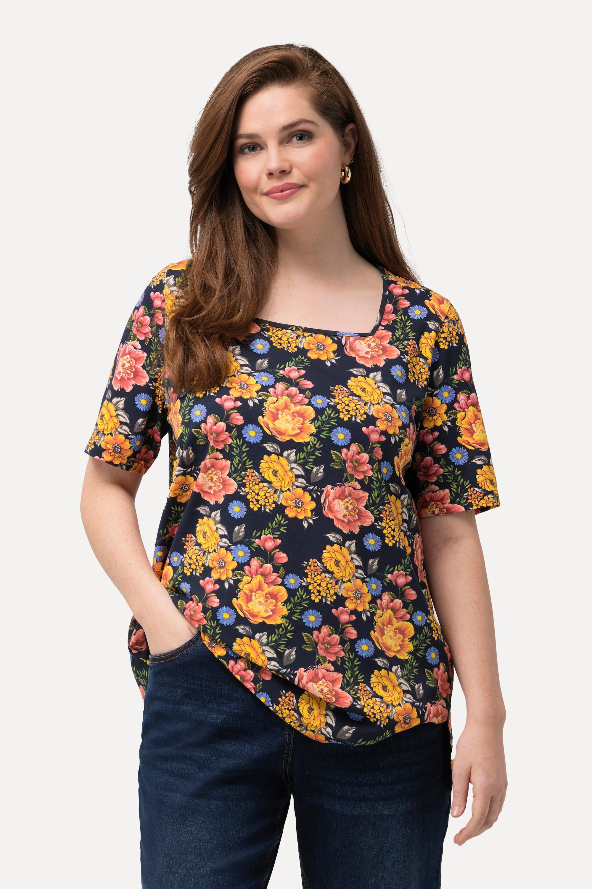 Ulla Popken  T-shirt con fiori, scollo rettangolare e mezze maniche 