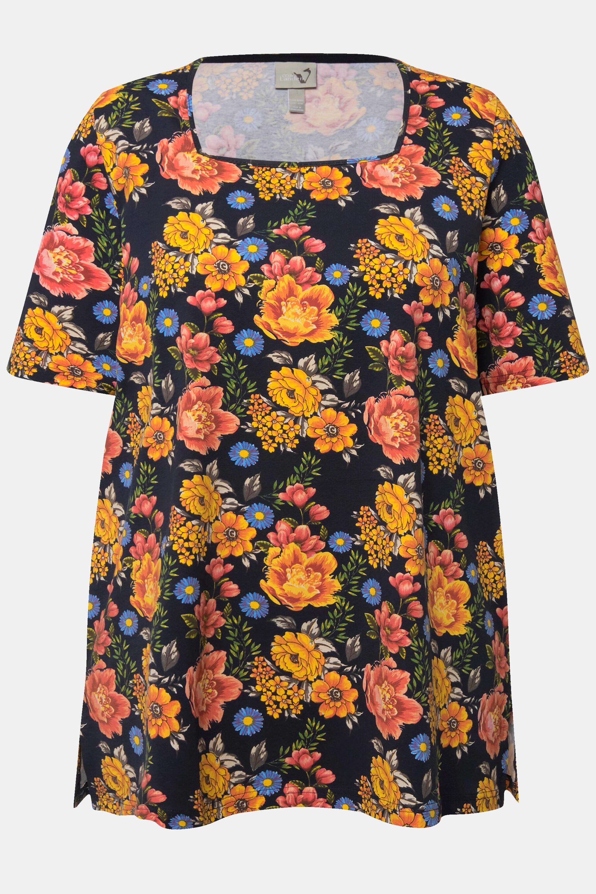 Ulla Popken  T-shirt con fiori, scollo rettangolare e mezze maniche 