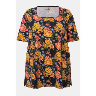 Ulla Popken  T-shirt con fiori, scollo rettangolare e mezze maniche 