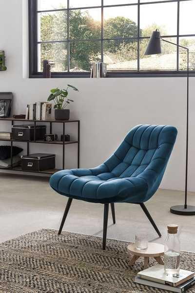 mutoni Fauteuil XXL velours bleu pieds métal noir  