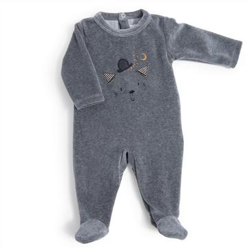 Pyjama 12m velours gris chiné tête chat, Les Moustaches, Moulin Roty