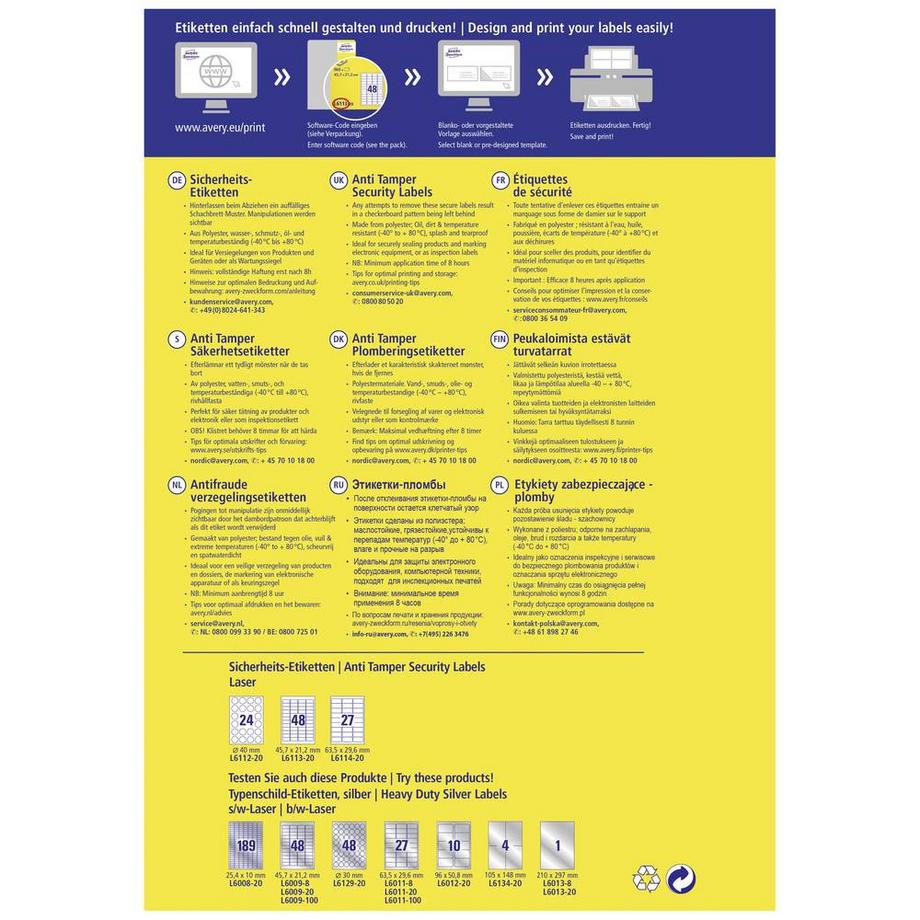 Avery-Zweckform Avery Zweckform Sicherheits-Etiketten, 45.7 x 21.2 mm, 20 Bogen/960 Etiketten  