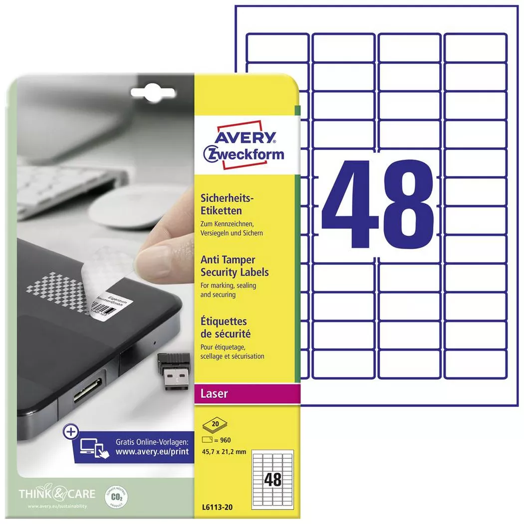 Avery-Zweckform – Avery Zweckform Sicherheits-Etiketten, 45.7 x 21.2 mm, 20 Bogen/960 Etiketten, One Size, Weiss