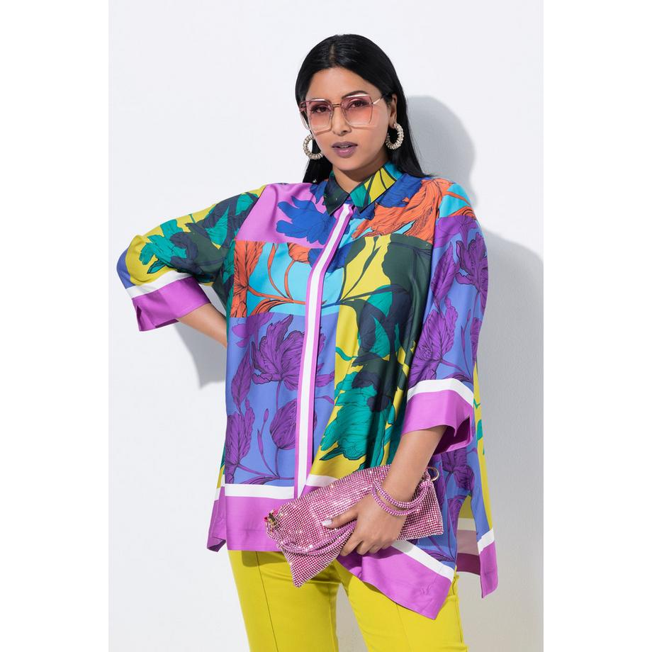 Ulla Popken Blusa Oversize Orlo a Punte Collo Camicia Maniche 3/4  