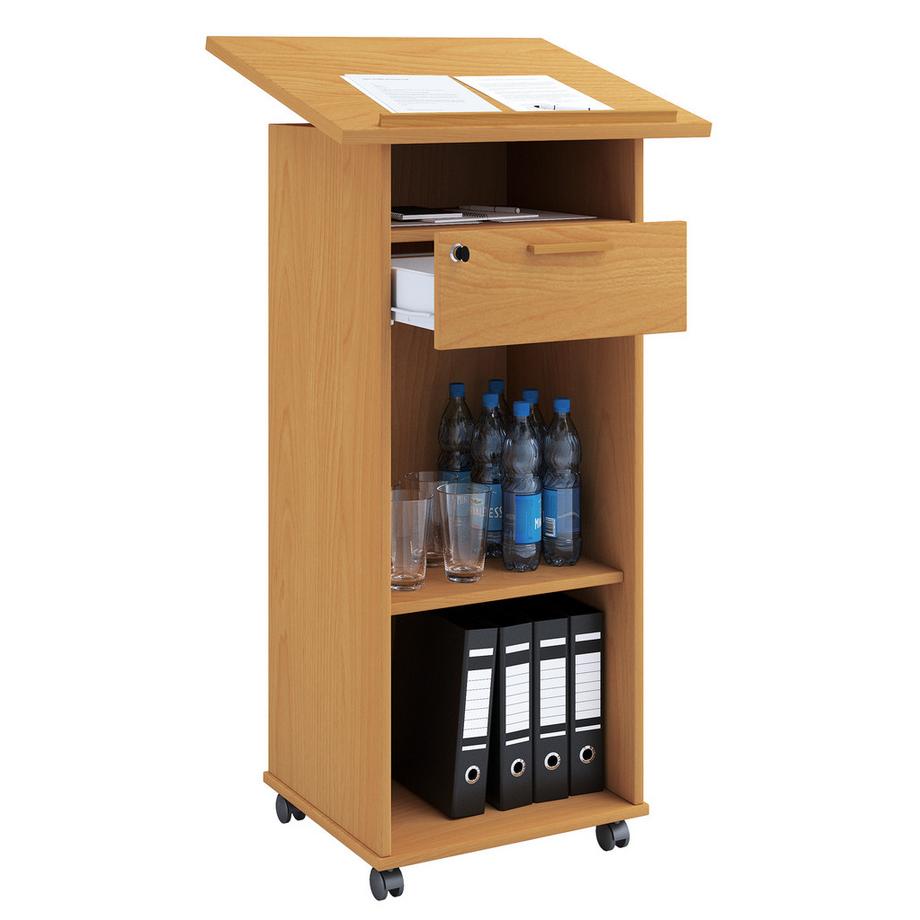 VCM Holz Stehpult Rednerpult mobil Stehtisch rollbar Rollen  Schublade Melta  