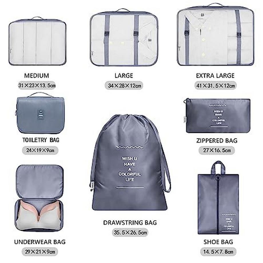 Only-bags.store  Cubes d'emballage 8 pièces, sacs à vêtements, organisateur de valises pour vacances et voyages, ensemble de cubes d'emballage, cube de voyage, système d'organisation pour valises – Gris sidéral 