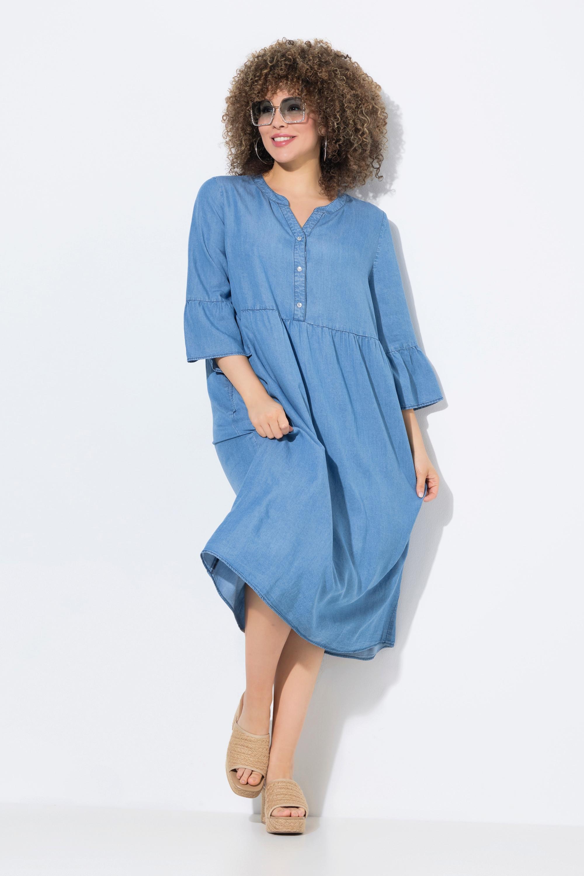 Ulla Popken Abito di jeans A-line Scollo a tunica Maniche 3/4 con volant  