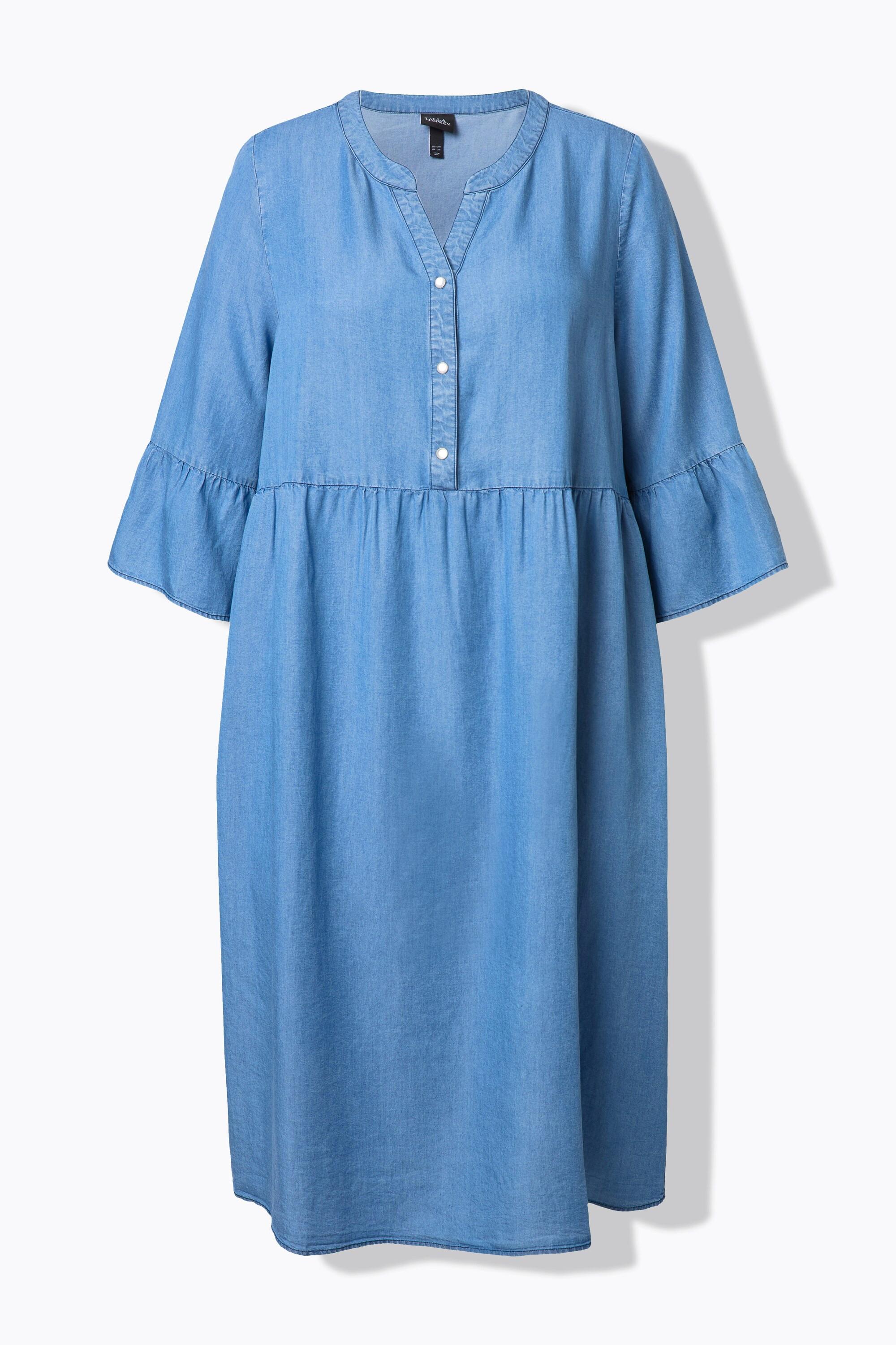 Ulla Popken Abito di jeans A-line Scollo a tunica Maniche 3/4 con volant  