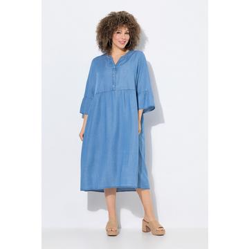 Robe en jean, col tunisien et manches 3/4 à volant, coupe évasée