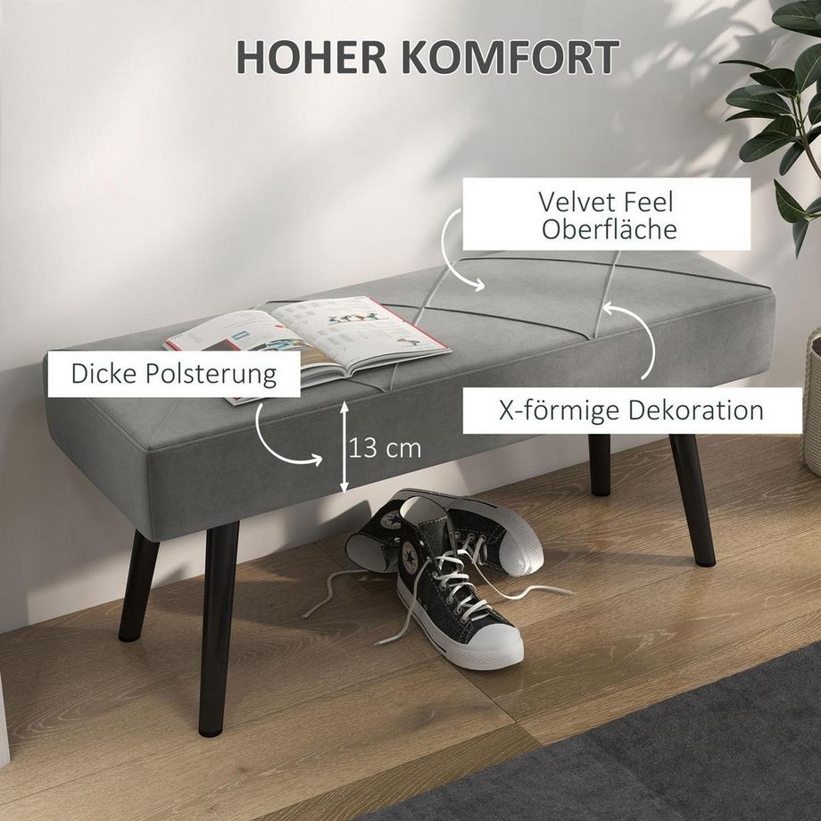 Northio Polsterbank In Samtoptik Sitzbank, Bettbank, Flurbank Mit X-Muster, Bis 120 Kg, Für Schlafzimmer, 100X36X45 Cm, Grau  