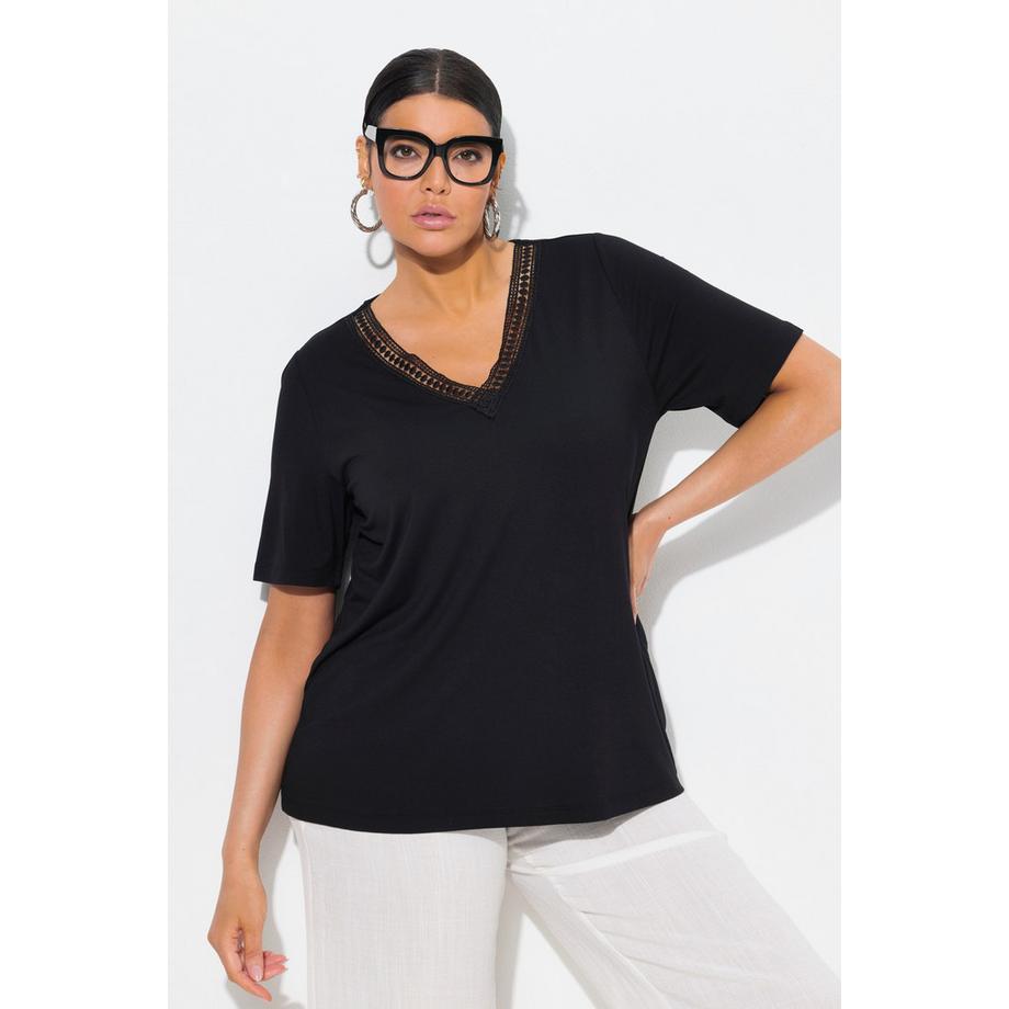 Ulla Popken T-Shirt Spitzenborte V-Ausschnitt Halbarm  