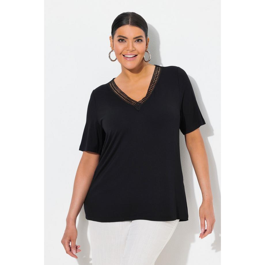 Ulla Popken T-Shirt Spitzenborte V-Ausschnitt Halbarm  