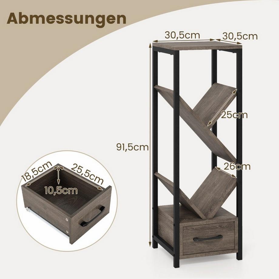 Northix Bücherregal in Baumform mit Schublade & Metallrahmen 4 Ebenen Standregal Büroregal  