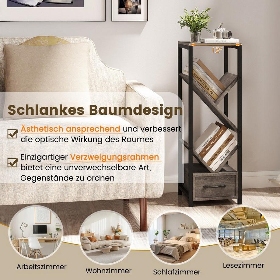 Northix Bücherregal in Baumform mit Schublade & Metallrahmen 4 Ebenen Standregal Büroregal  