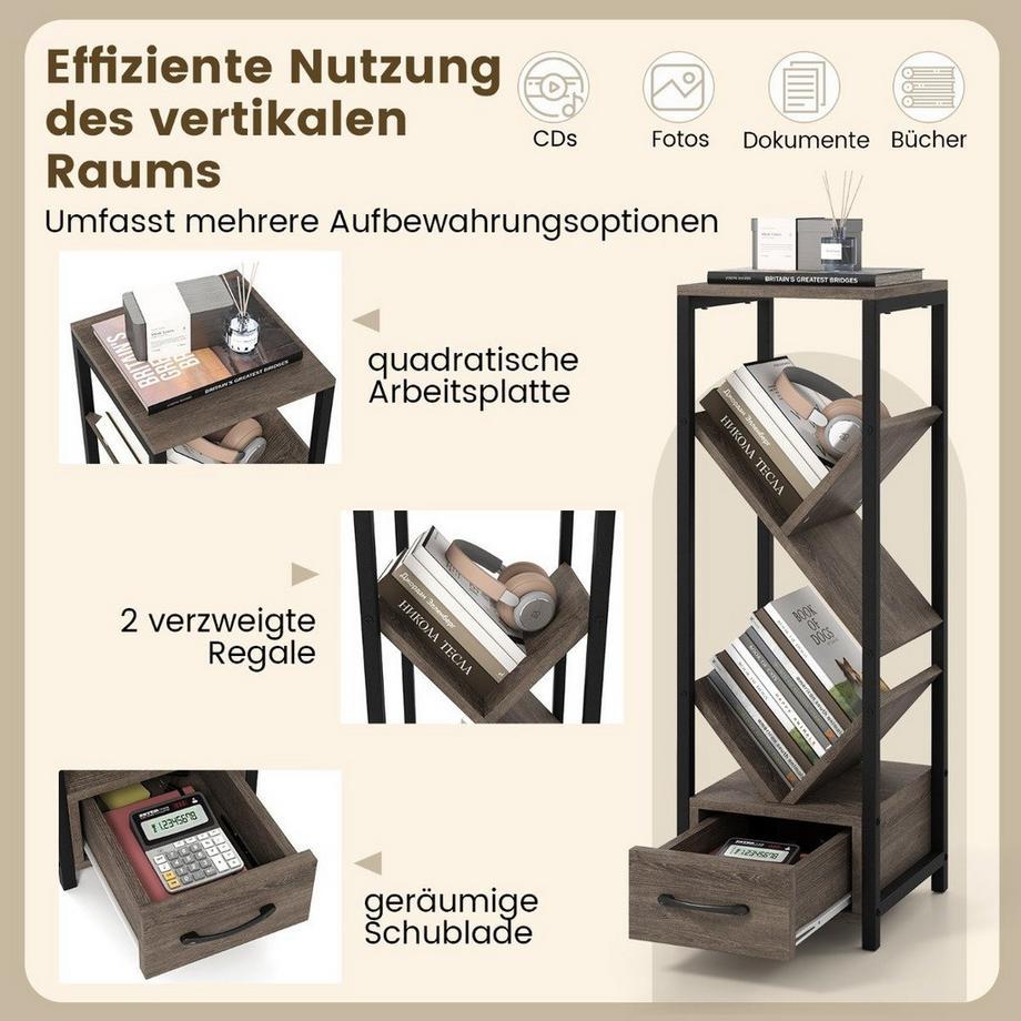 Northix Bücherregal in Baumform mit Schublade & Metallrahmen 4 Ebenen Standregal Büroregal  