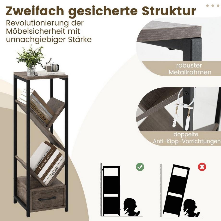 Northix Bücherregal in Baumform mit Schublade & Metallrahmen 4 Ebenen Standregal Büroregal  
