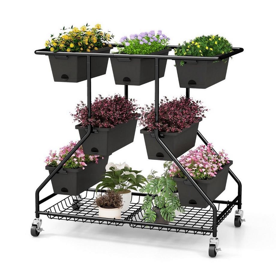 B2X Portafiori con fioriere scala per fiori con ruote 100 x 56 x 99 cm nera  