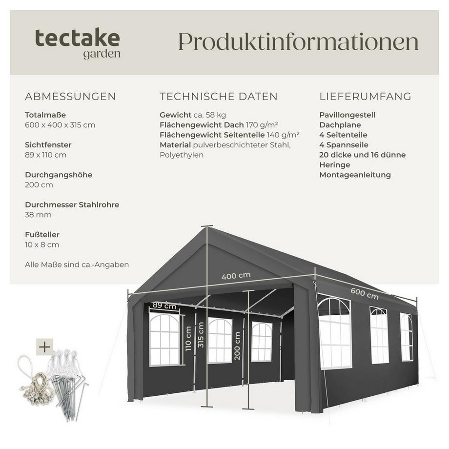 Tectake Pavillon Jasko 6 x 4 m wasserdicht  