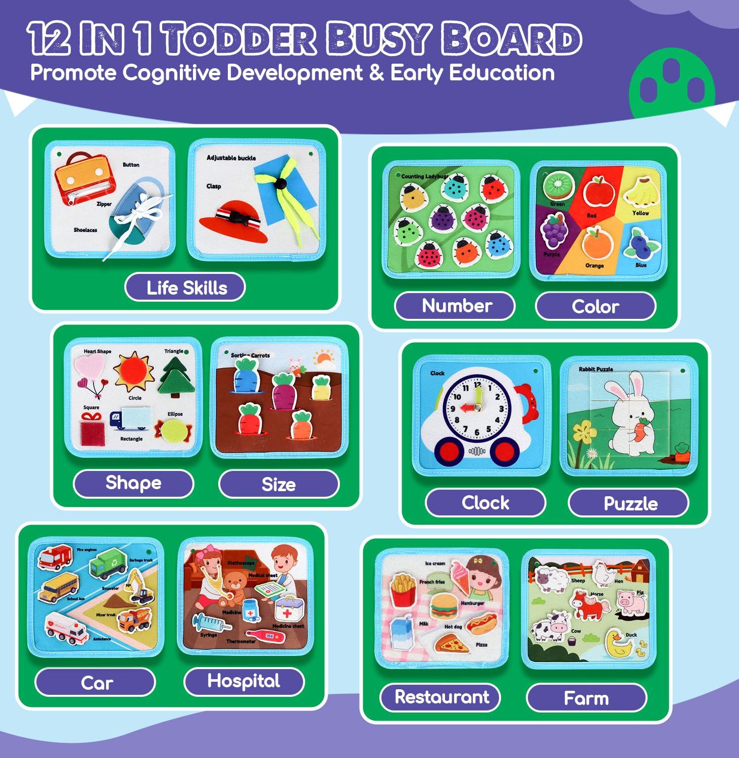 Activity-board  Tableau d'activité Castle Busy Board, 12 en 1 Livre d'activité silencieux Jouet pour enfants en bas âge Filles Garçons, Bébé Sensoriel, Jouet d'apprentissage Tableau d'activité motrice 