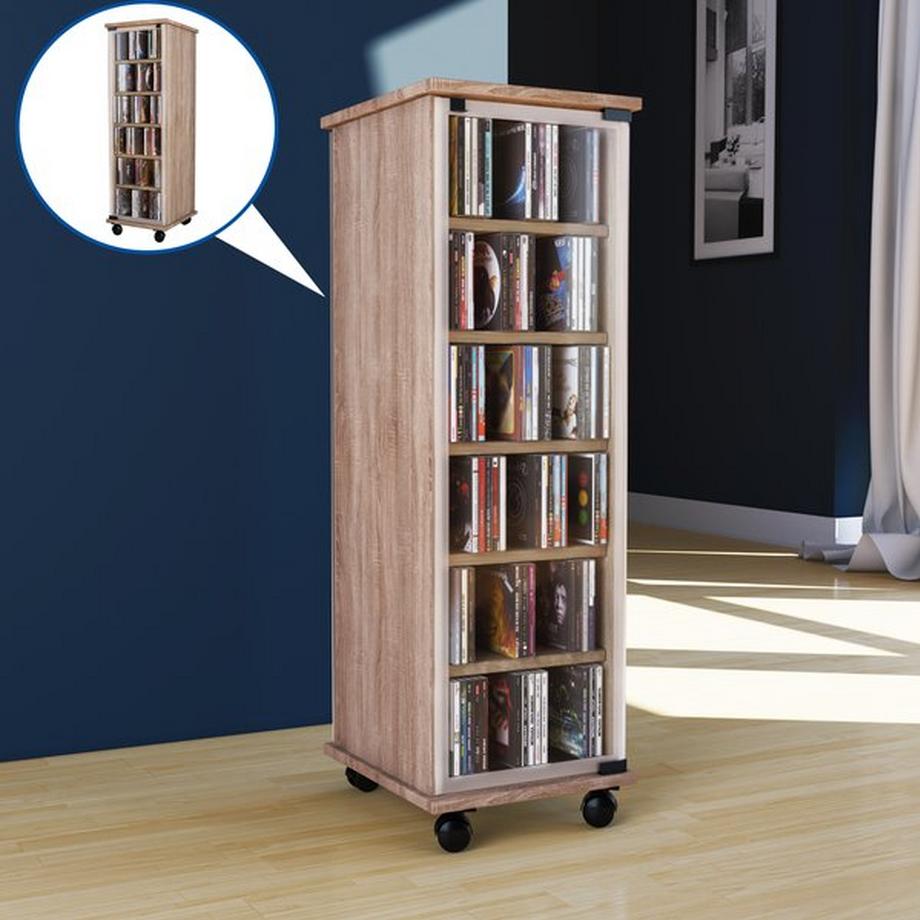 VCM CD Regal Holz | CD Schrank mit ESG-Sicherheitsglastüren für 204 CDs oder 72 DVDs | Maße: H. 98 x B. 31 x T. 35 cm | Elegantes DVD Regal mit Rollen |  