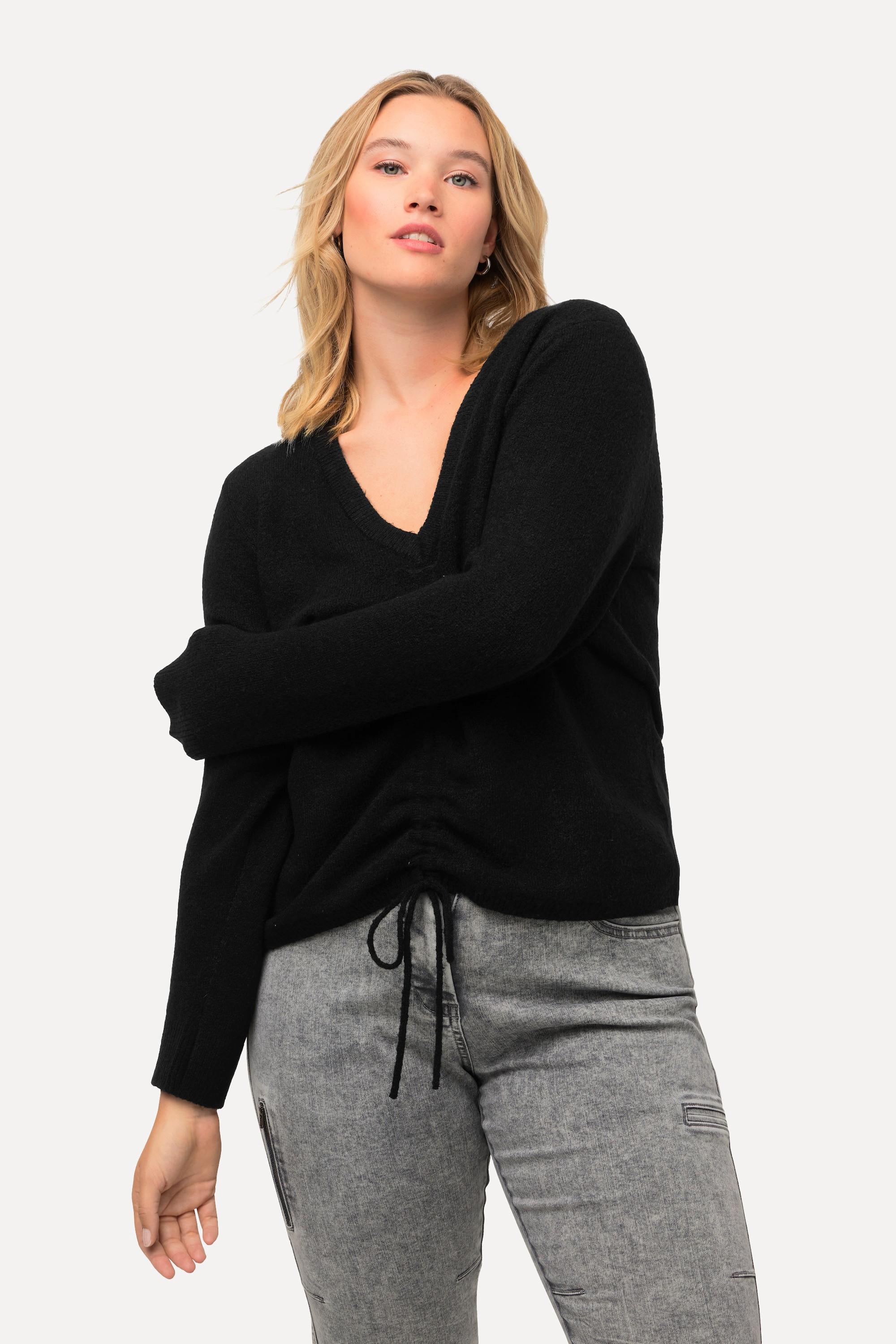 Ulla Popken  Pullover con laccetto per arricciatura, scollo a V e maniche lunghe 