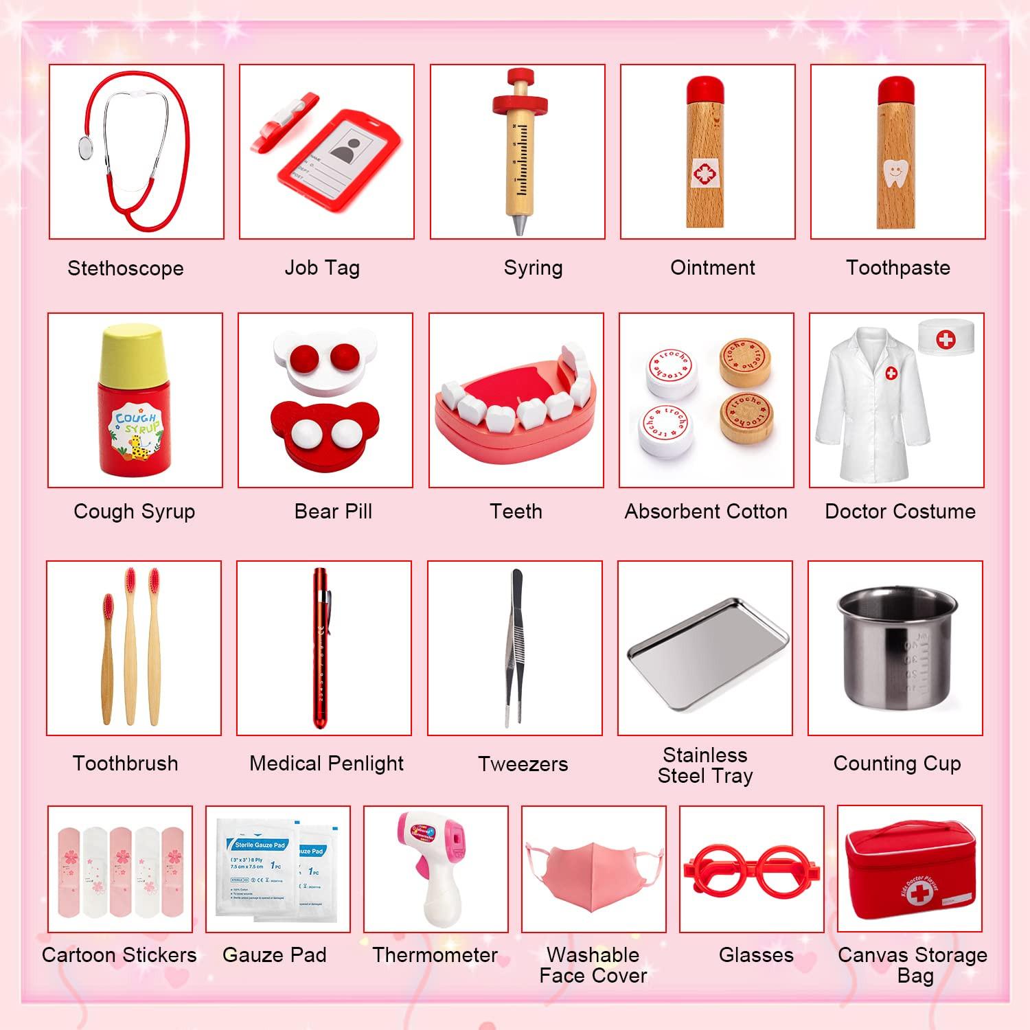 Activity-board  Mallette de médecin en bois pour enfants, jeu de dentiste en bois avec stéthoscope, thermomètre et mallette de dentiste en bois. 