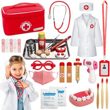 Mallette de médecin en bois pour enfants, jeu de dentiste en bois avec stéthoscope, thermomètre et mallette de dentiste en bois.