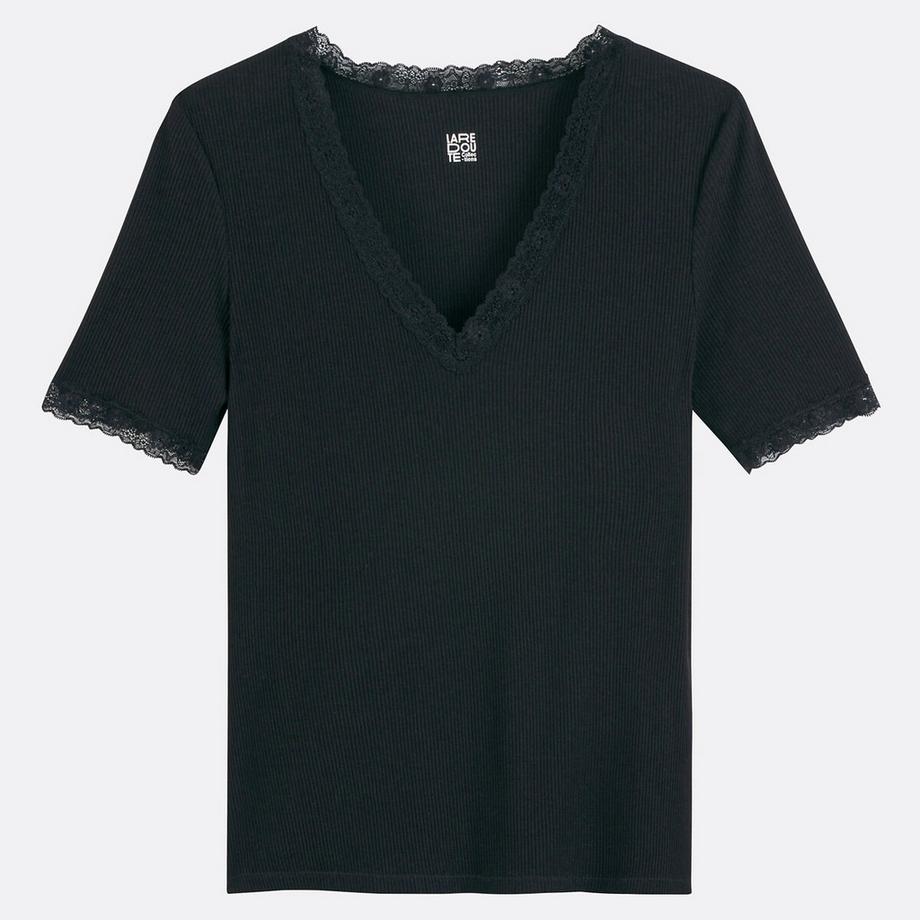 La Redoute Collections V-Ausschnitt T-Shirt mit Spitzendetails  