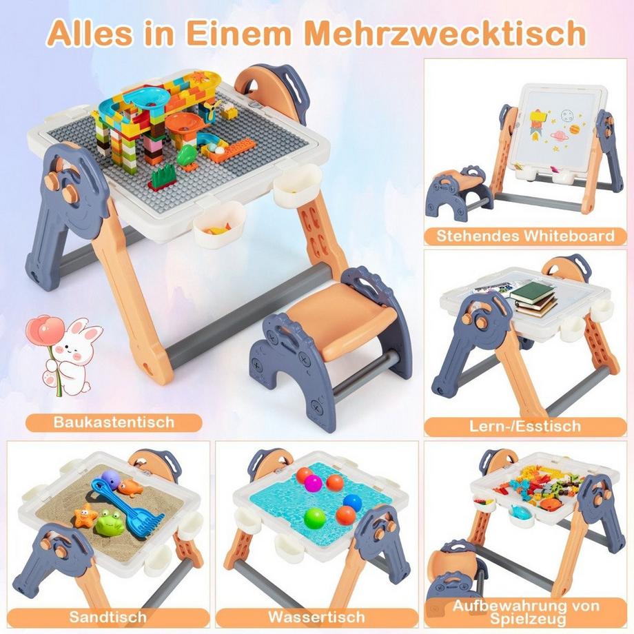 Northio  6 in 1 Klappbarer Kindertisch mit Stuhl & Staffelei Spieltisch mit Doppelseitiger & Abnehmbarer Tischplatte 