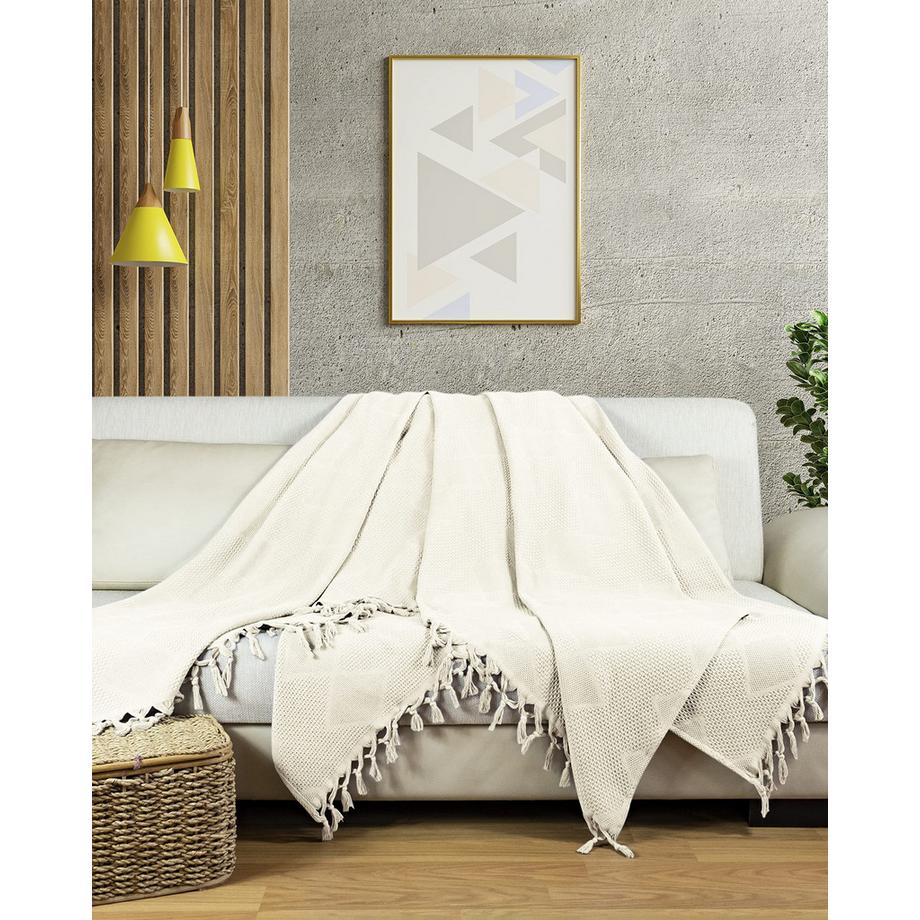 Only-bags.store Coperta da giorno in cotone piqué a nido d'ape con frange annodate a mano  