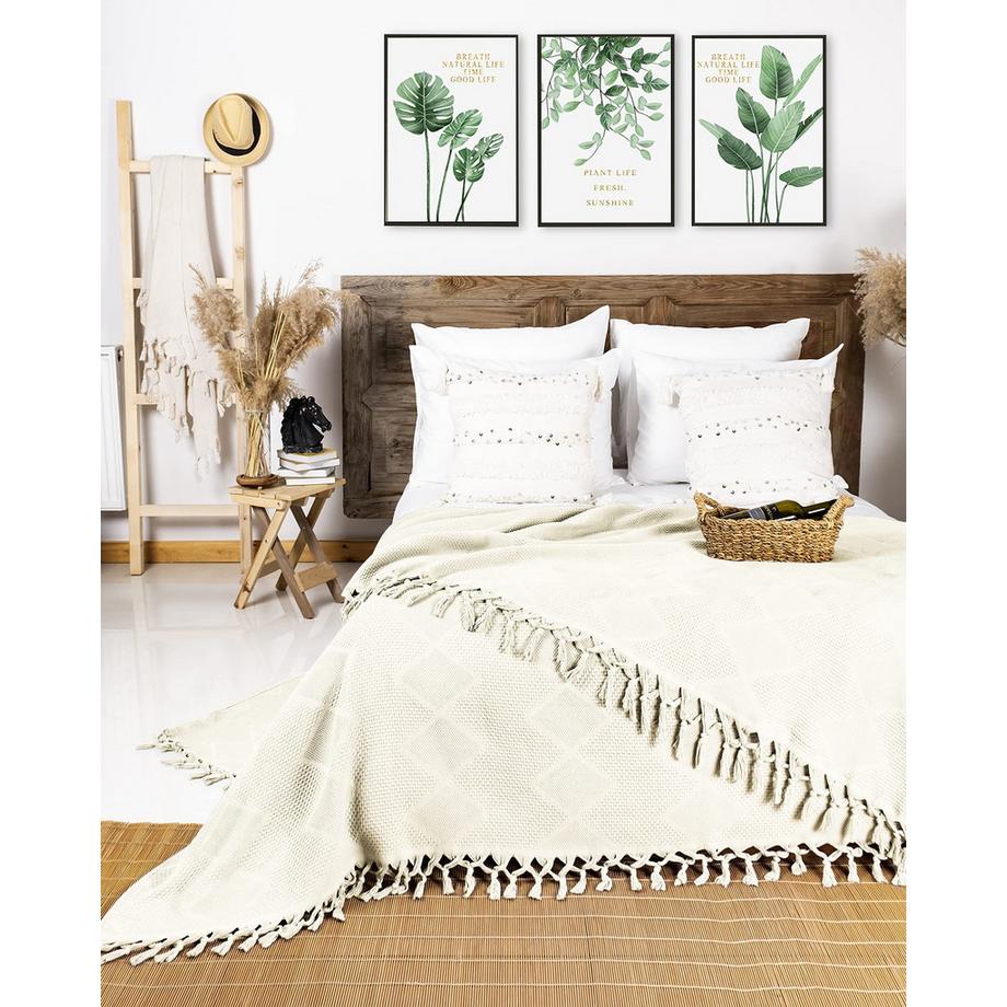 Only-bags.store Coperta da giorno in cotone piqué a nido d'ape con frange annodate a mano  