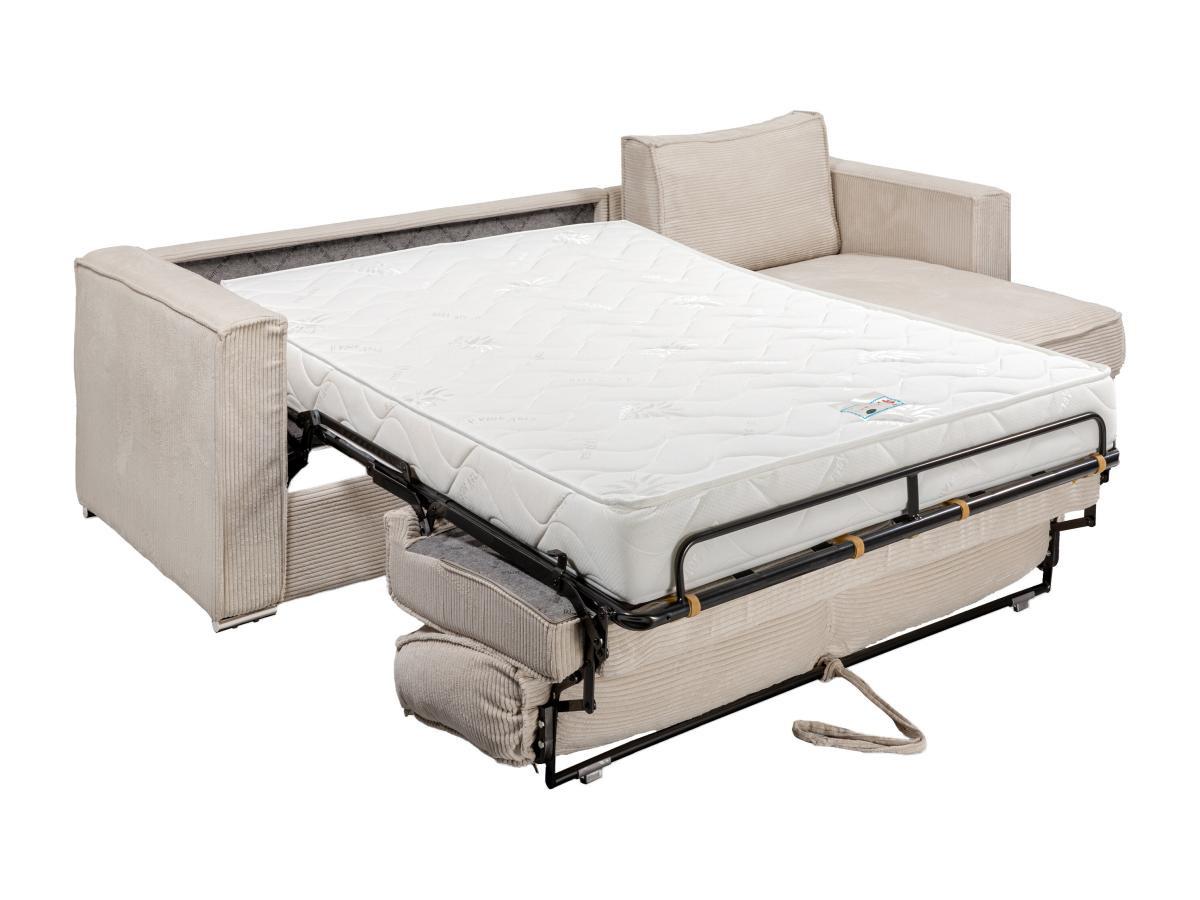 Vente-unique Canapé d'angle convertible express et réversible en velours côtelé beige- Couchage 140 cm - Matelas 18 cm LORETO  