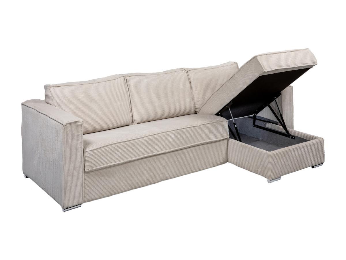 Vente-unique Canapé d'angle convertible express et réversible en velours côtelé beige- Couchage 140 cm - Matelas 18 cm LORETO  