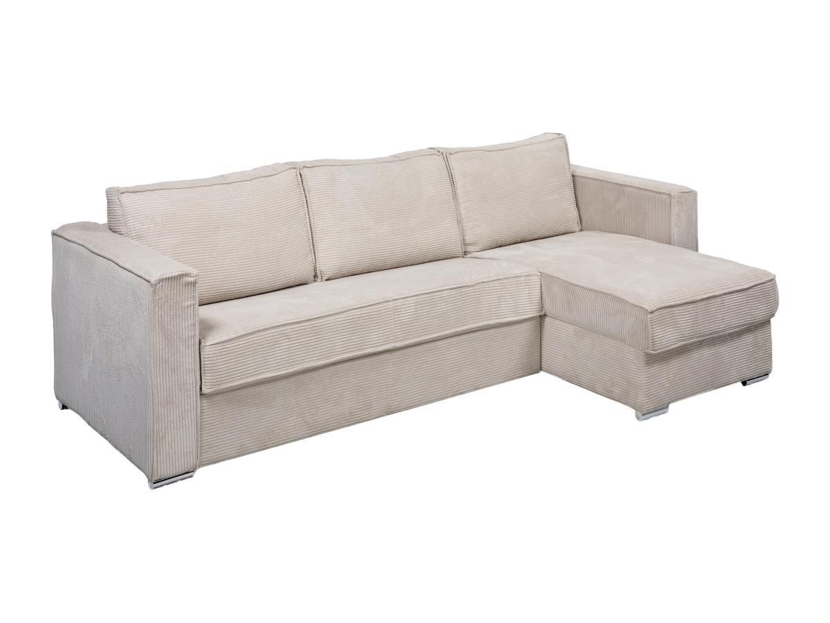 Vente-unique Canapé d'angle convertible express et réversible en velours côtelé beige- Couchage 140 cm - Matelas 18 cm LORETO  