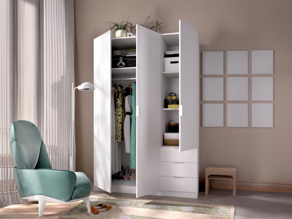 Vente-unique  Armoire 3 portes et 3 tiroirs - L121 cm - Blanc - LISTOWEL 