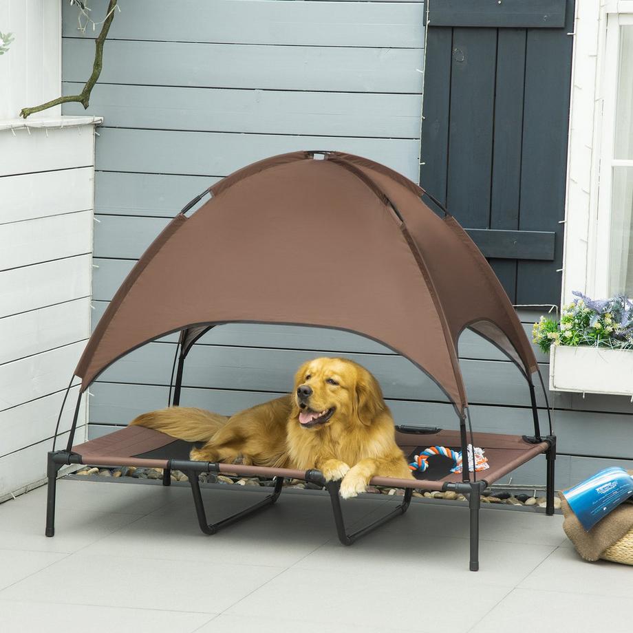 Northio  Lit Pour Animal Domestique Avec Auvent, Lit Surélevé Pour Chien, Chaise Longue D'Extérieur Avec Toit, Respirant, Tissu Taffetas Café 122 X 92 X 108 Cm 