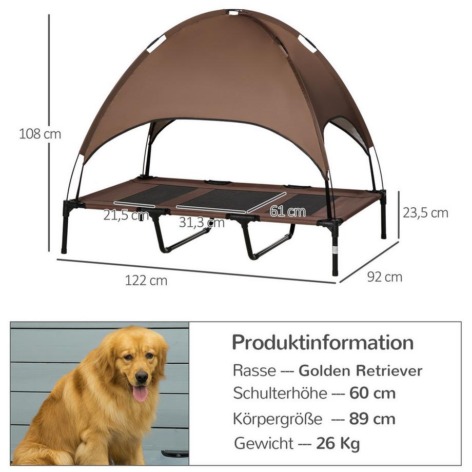 Northio  Lit Pour Animal Domestique Avec Auvent, Lit Surélevé Pour Chien, Chaise Longue D'Extérieur Avec Toit, Respirant, Tissu Taffetas Café 122 X 92 X 108 Cm 