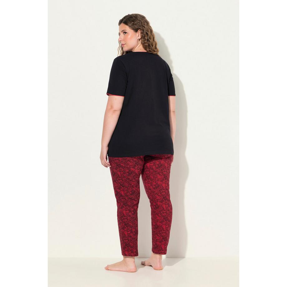 Ulla Popken Pigiama Set Bordo Decorativo Stampa Pizzo Mezze Maniche  