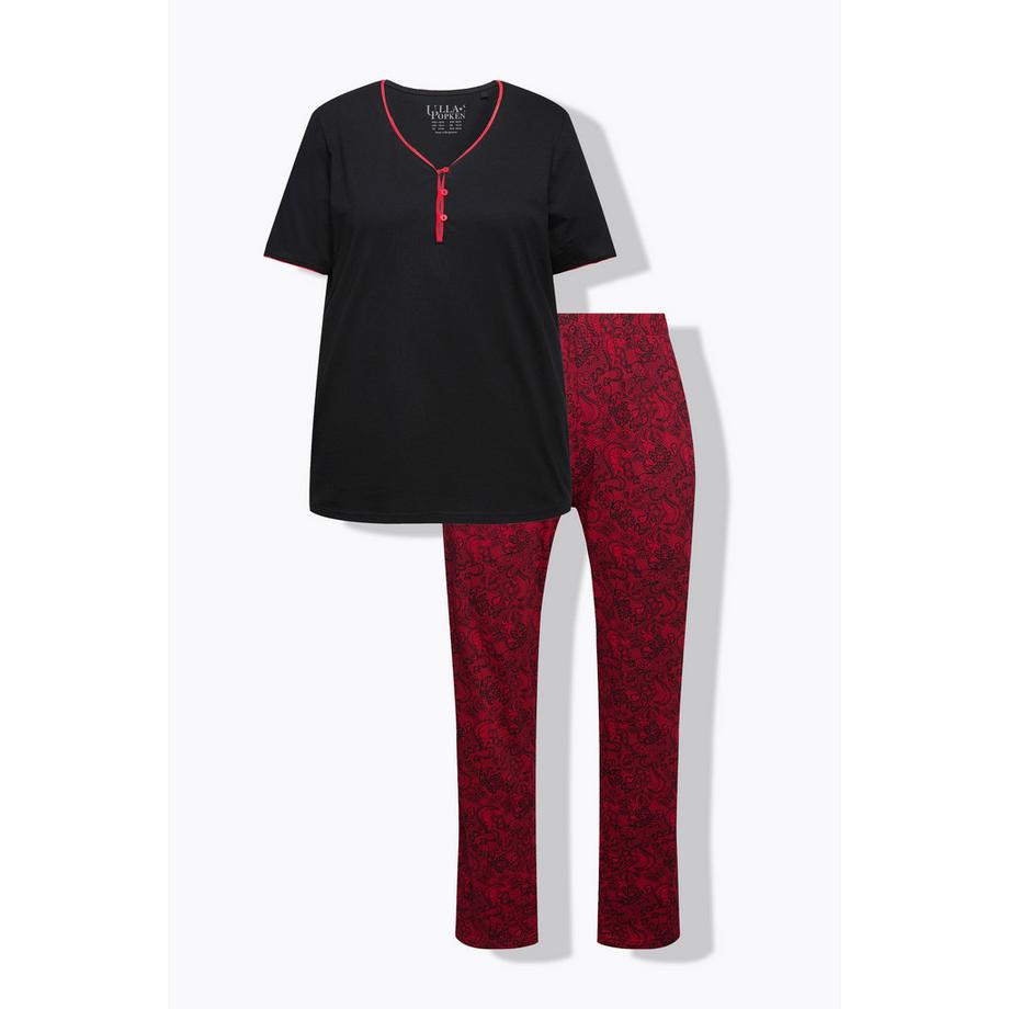 Ulla Popken Pigiama Set Bordo Decorativo Stampa Pizzo Mezze Maniche  