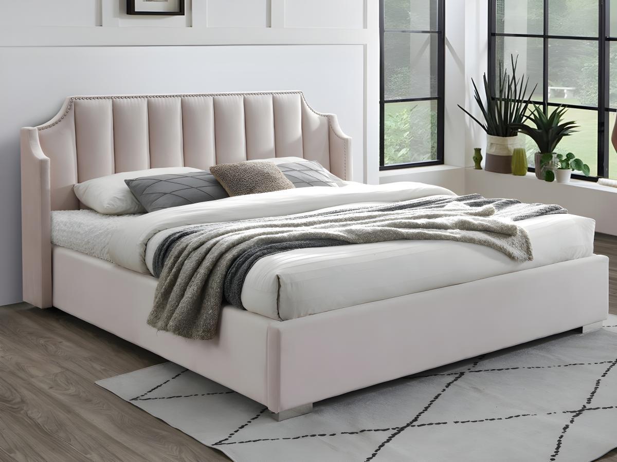 Vente-unique Letto con contenitore con testata letto curva 160 x 200 cm Velluto Rosa + Materasso - TEOMIS  