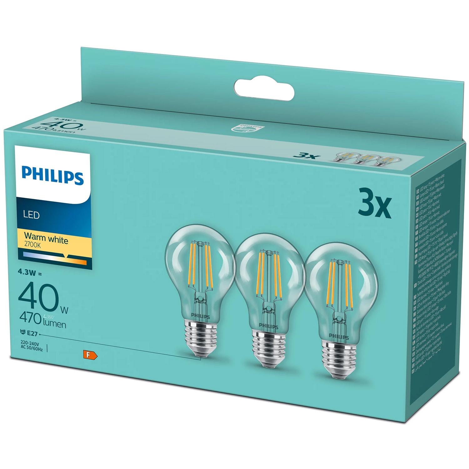 PHILIPS Pack de 3 LED E27 Normal Claire 40W 470lm  