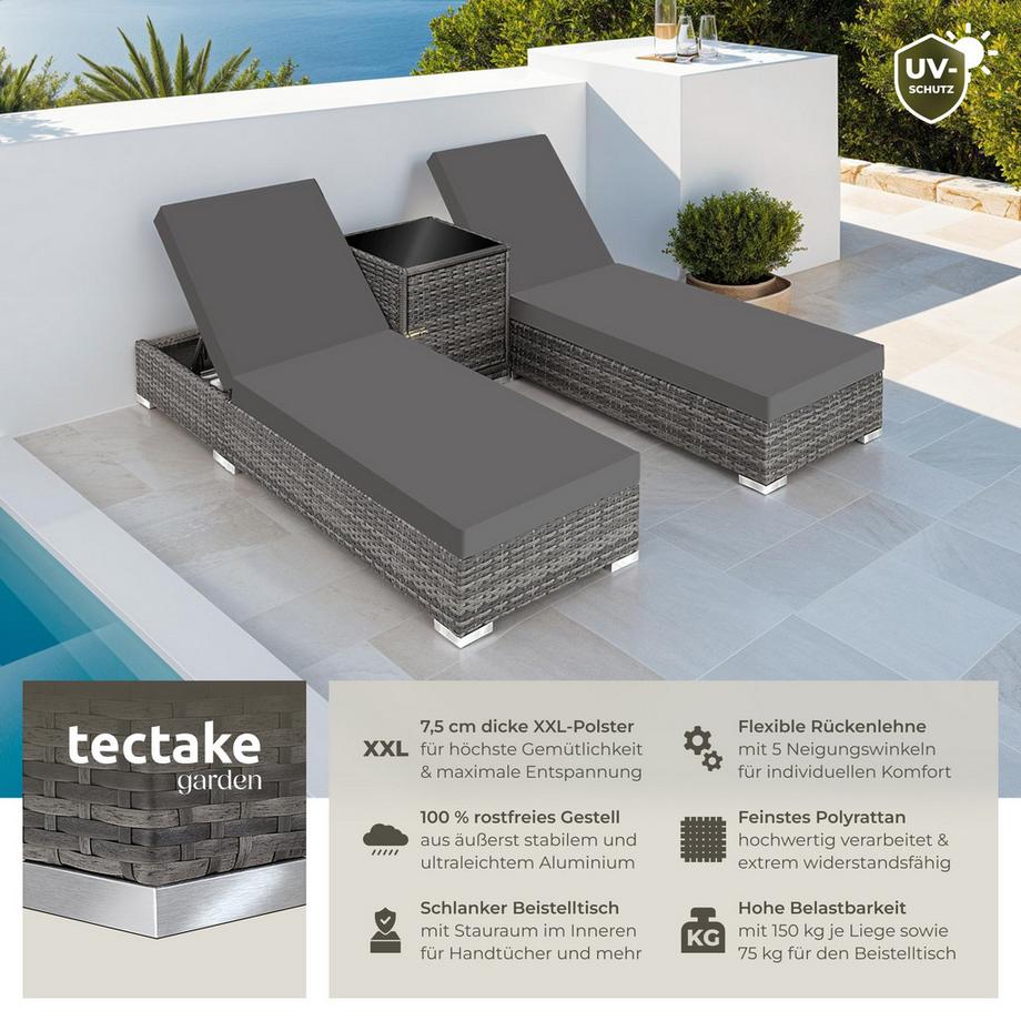 Tectake 2er Set Rattan Sonnenliegen  mit Aluminiumgestell inklusive 2 Bezugssets und Schutzhülle  
