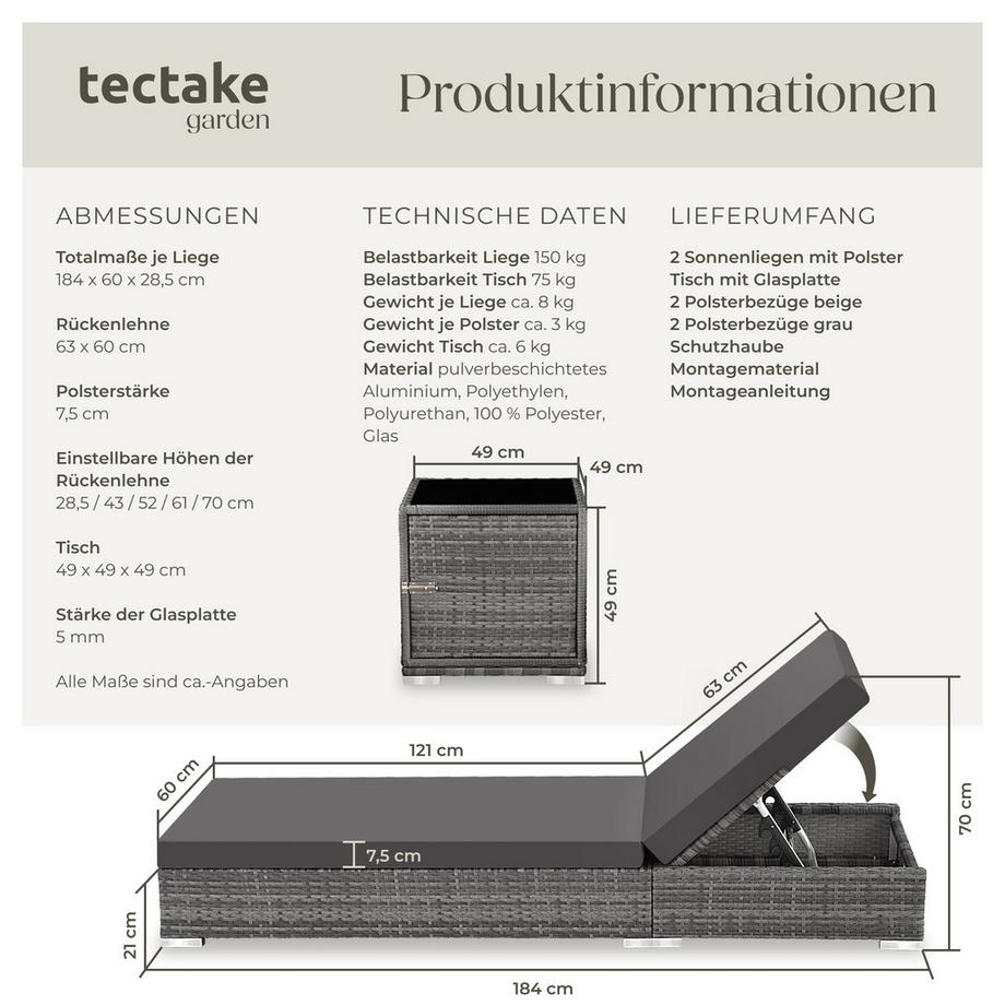 Tectake 2er Set Rattan Sonnenliegen  mit Aluminiumgestell inklusive 2 Bezugssets und Schutzhülle  
